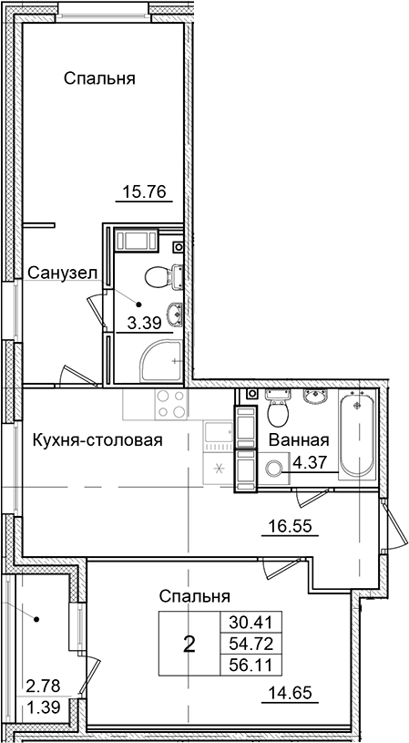 2-комнатная квартира 56.11 м², 3/9 эт., ЖК «Квартал Заречье»